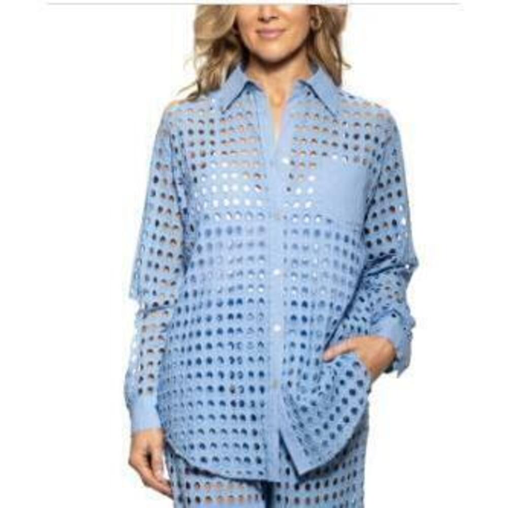 Dotti Women's Blue Cotton Openwork Dot Cover-Up Beach Shirt XL NWT